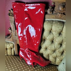 Red patent thigh high boots, heeled